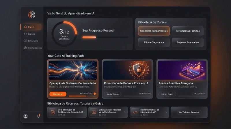 Ilustração conceitual: painel de uma plataforma de cursos e guias de IA para a equipe