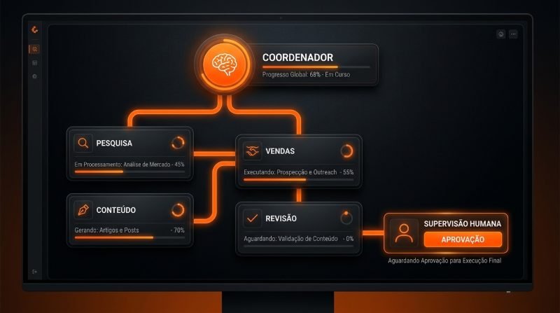 Ilustração conceitual: coordenador de IA distribuindo tarefas a agentes, com aprovação humana no final