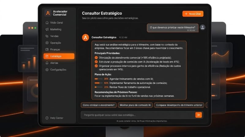 Ilustração conceitual: assistente de IA respondendo a uma pergunta estratégica da empresa